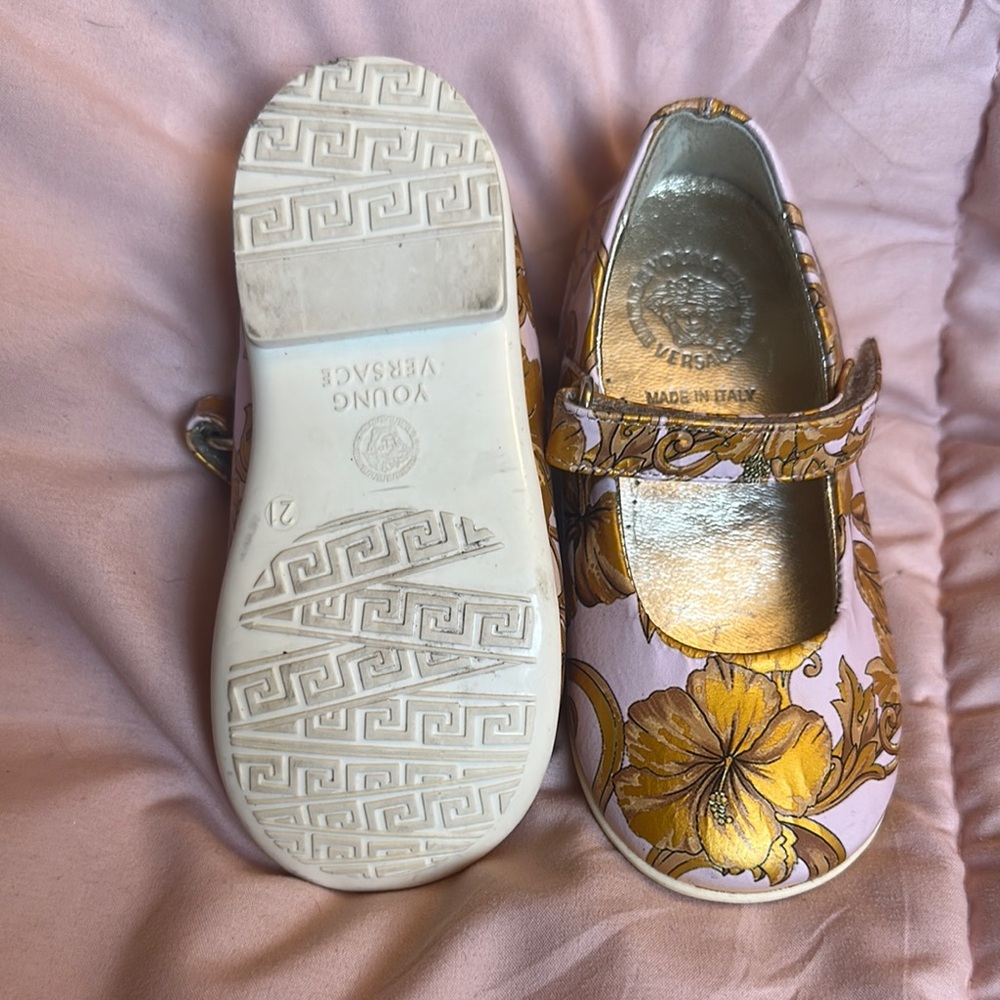 Versace Gold Dress Shoes with Floral Pattern and Chain Strap